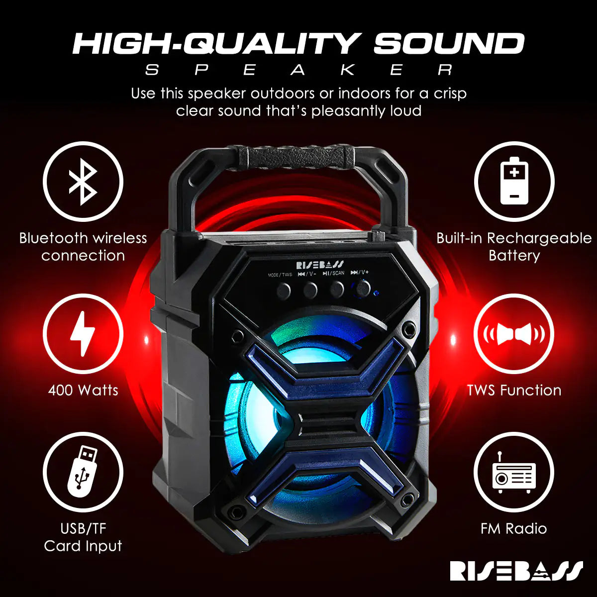 Portable Wireless Bluetooth Speaker with TWS Function - Rechargeable Bluetooth Speaker - LES flashing Lights  GTA Wanted Light   