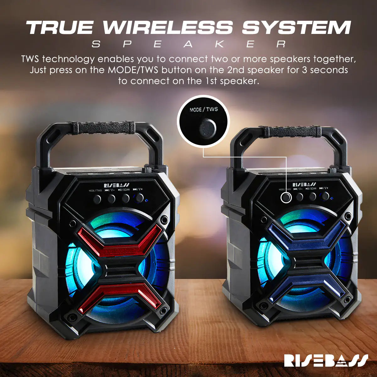 Portable Wireless Bluetooth Speaker with TWS Function - Rechargeable Bluetooth Speaker - LES flashing Lights  GTA Wanted Light   